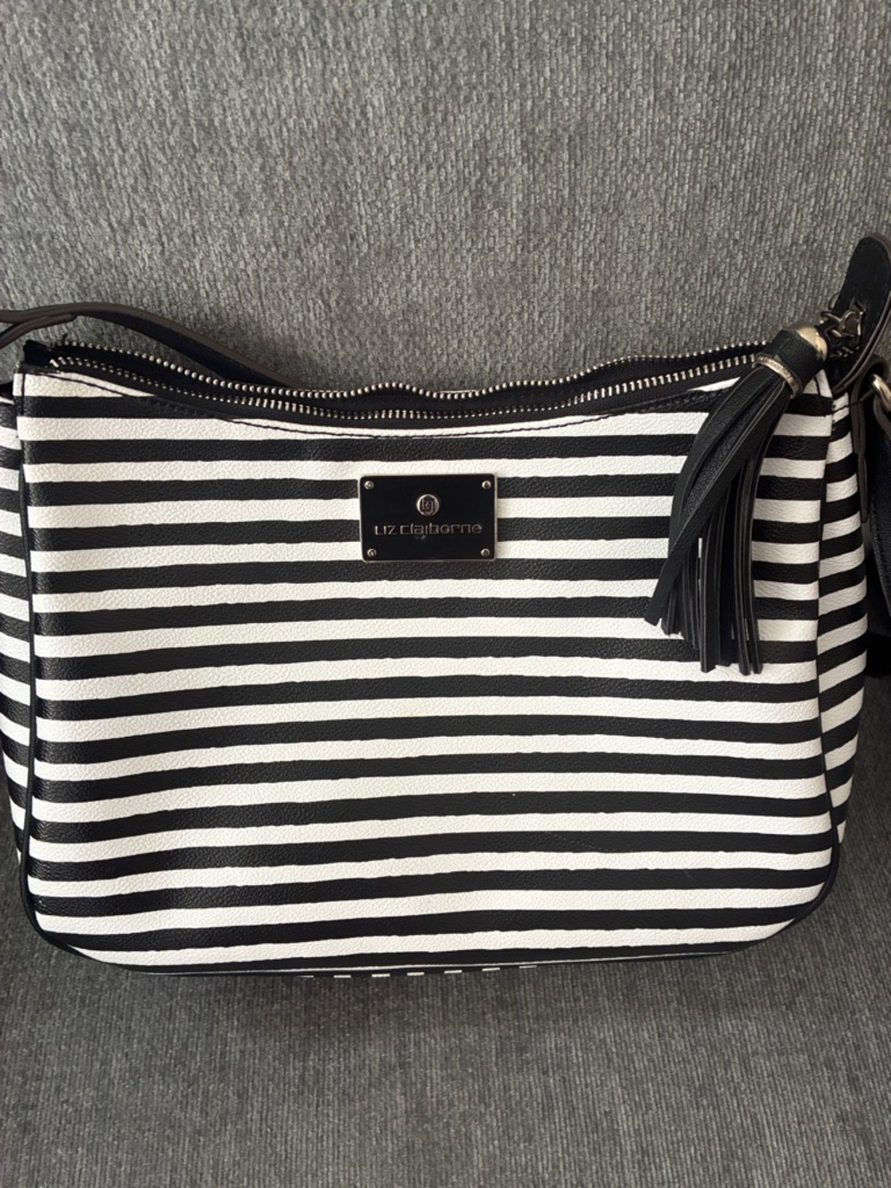 Liz Claiborne Black and White Striped Shoulder Bag with Tassel
